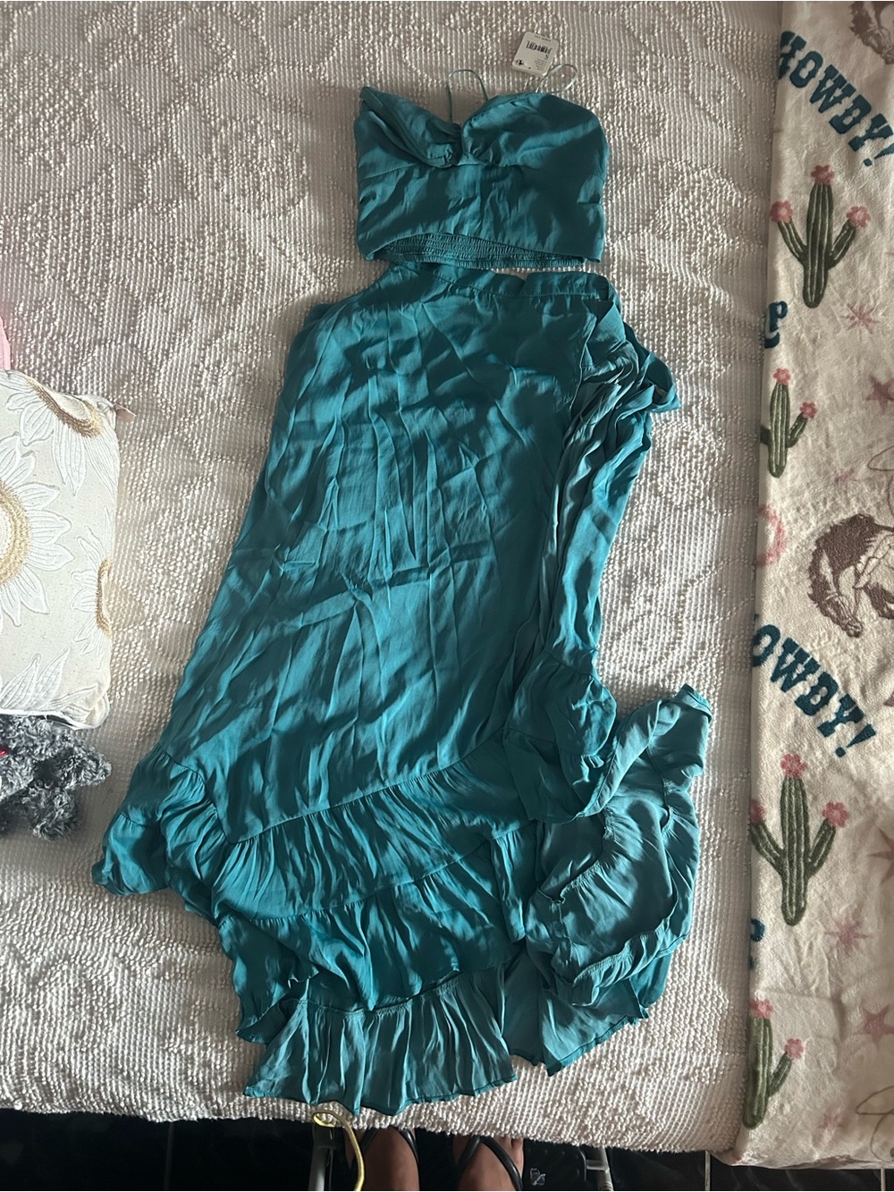 Free People Women’s Teal Strapless Ruffle Hem top and skirt set